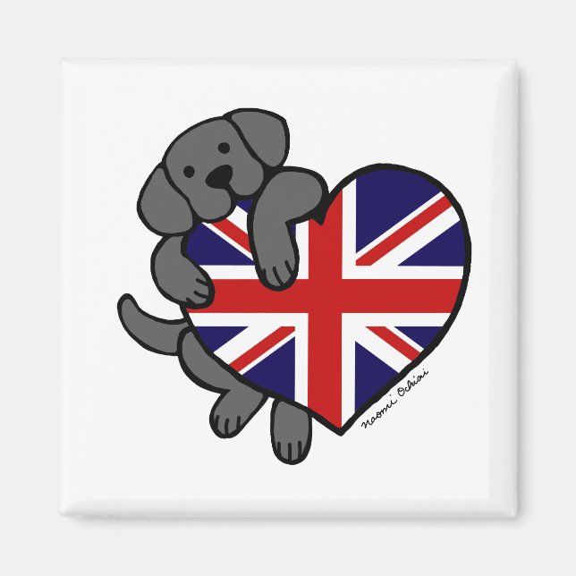 Íman Cartoon Black Labrador & UK Flag Heart 2 (Frente)
