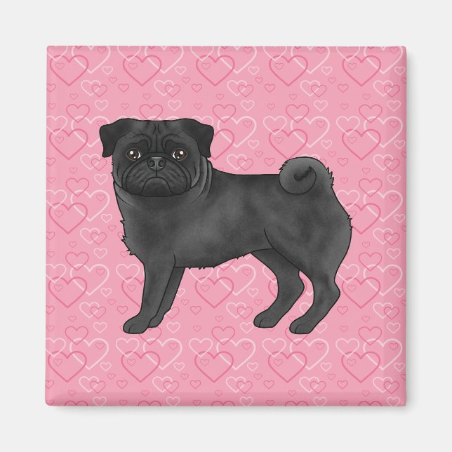 Íman Cartoon Black Pug Dog Mops Pink Love Heart Pattern (Frente)