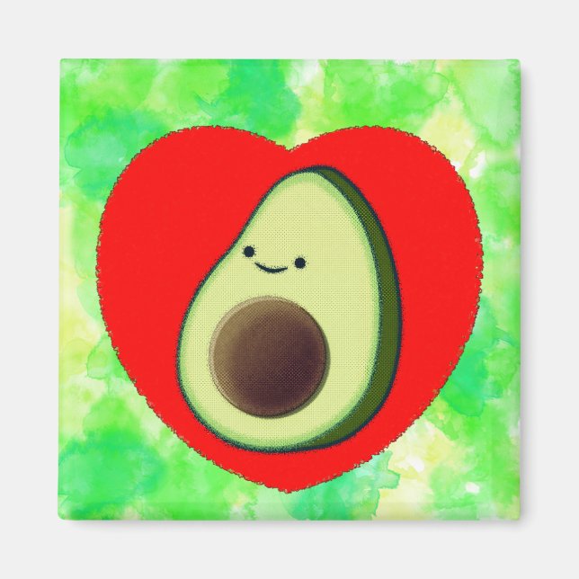 Íman Cartoon Bonito Avocado em Coração Vermelho em Aqua (Frente)