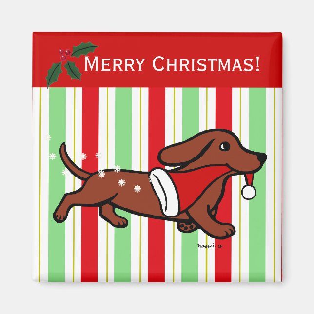 Íman Cartoon de Natal Dachshund Snowflakes (Frente)