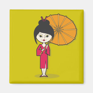 Íman Cartoon Geisha Lady sobre um fundo verde