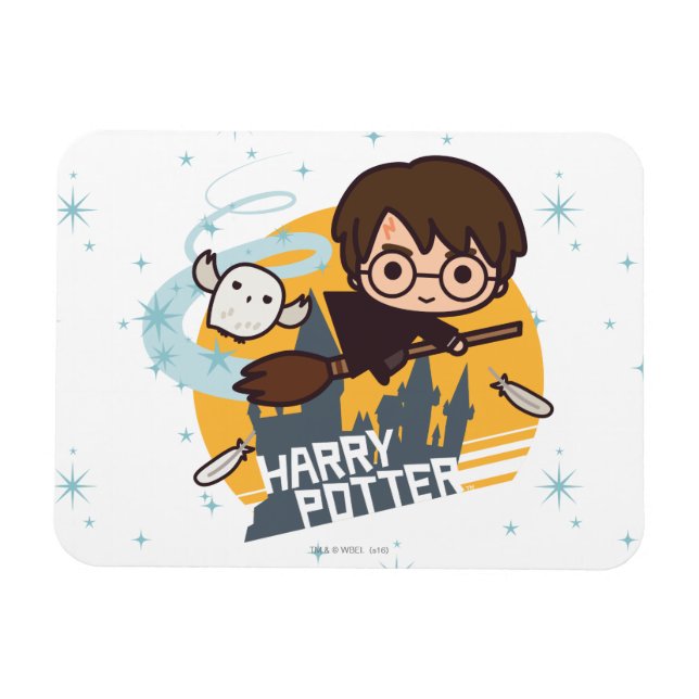 Íman Cartoon Harry e Hedwig voando no passado Hogwarts (Horizontal)