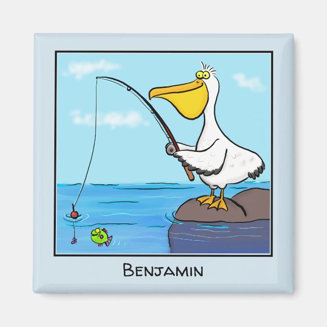 Íman Cartoon pelicano de pesca engraçado (Frente)