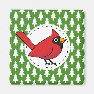 Íman Cartoon Red Cardinal sobre Pinheiros Brancos Verde