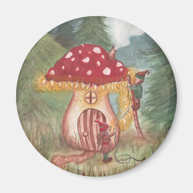 Íman Casa dos Gnomos e Cogumelos Feriados (Frente)