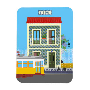Íman Casa velha de Lisboa com gatos e elétrico amarelo