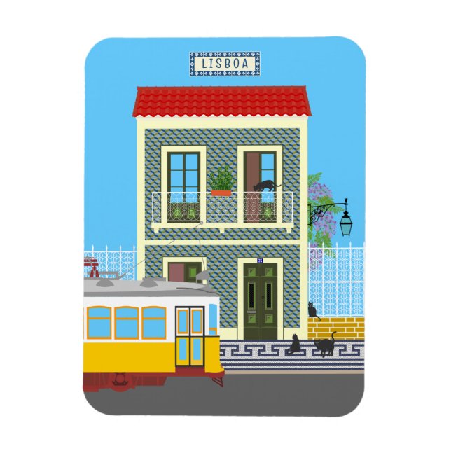Íman Casa velha de Lisboa com gatos e elétrico amarelo (Vertical)