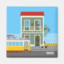 Íman Casa velha de Lisboa com gatos e elétrico amarelo