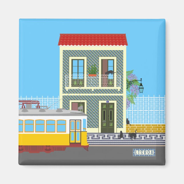 Íman Casa velha de Lisboa com gatos e elétrico amarelo (Frente)