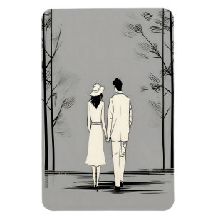 Íman Casal Romântico Caminhando Arte Linear Minimalista