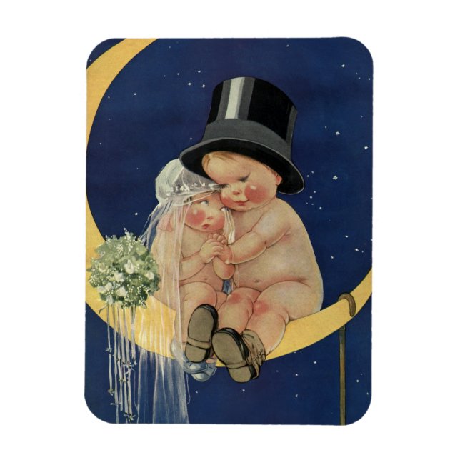 Íman Casamento Antigo, Noiva e Noivo Fofo em uma Lua (Vertical)