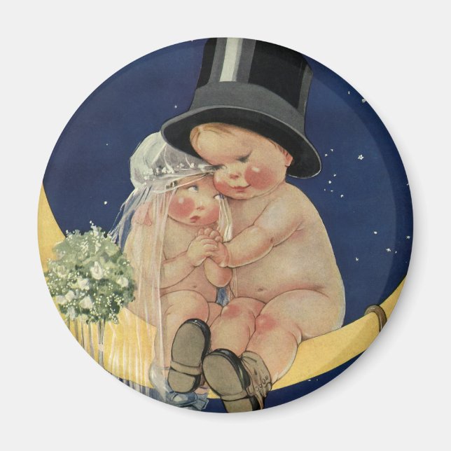 Íman Casamento Antigo, Noiva e Noivo Fofo em uma Lua (Frente)