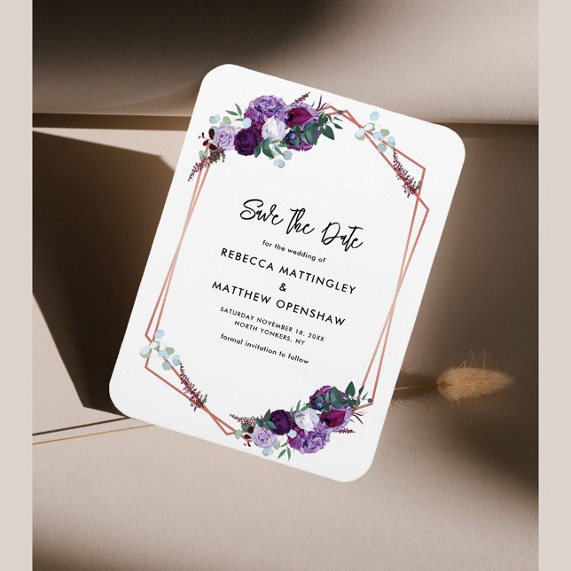 Íman Casamento Botânico Roxo Floral Salvar a Data (Purple Floral Geometric Wedding Save the Date Magnet)