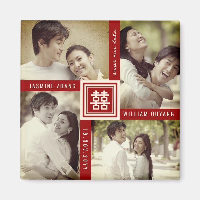 Íman Casamento Chinês Duplo Xi 4 Foto Salvar Data (Frente)