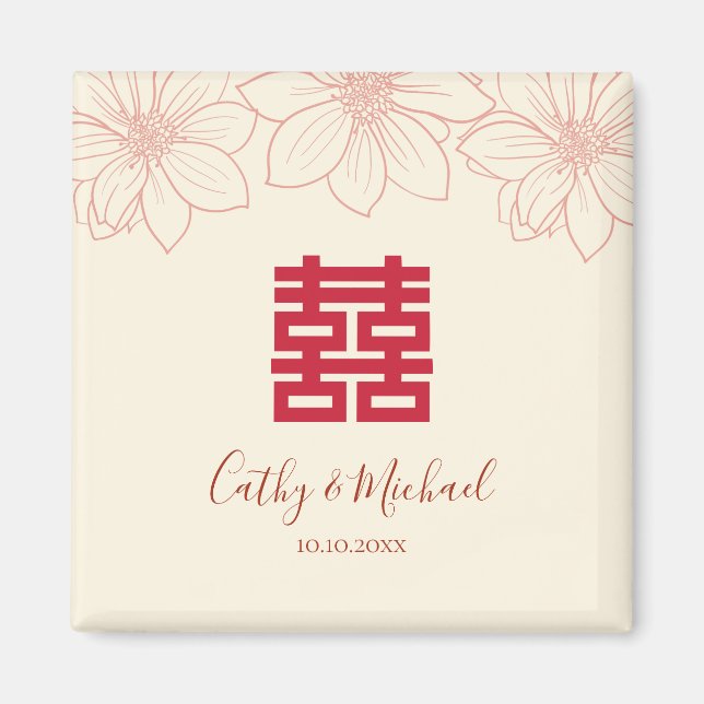 Íman Casamento chinês floral vermelho e bege Boho (Frente)