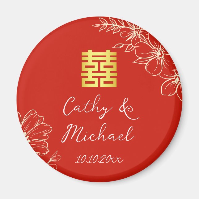 Íman Casamento chinês moderno e elegante com flores e e (Frente)