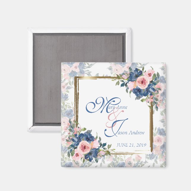 Íman Casamento com Aquarela Azul Marinho e Bege (Front/Back)