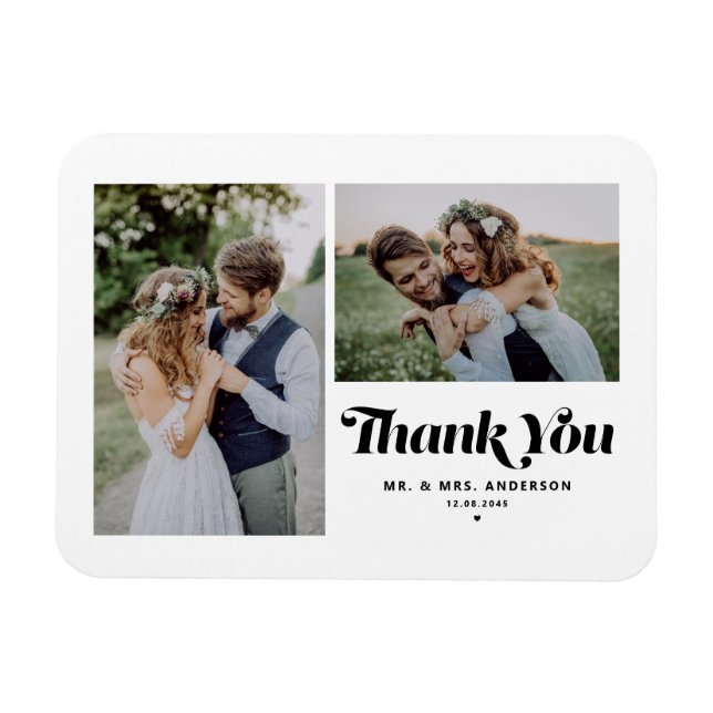 Íman Casamento com Foto de Duas Caligrafias Retro Preta (Horizontal)