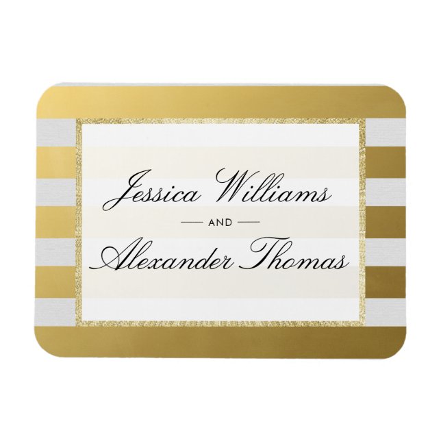 Íman Casamento com Listras de Ouro e Branco Elegante (Horizontal)