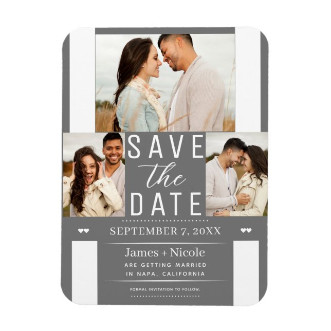 Íman Casamento de 3 Fotos Salve a Data Branco Cinza Mod (Vertical)