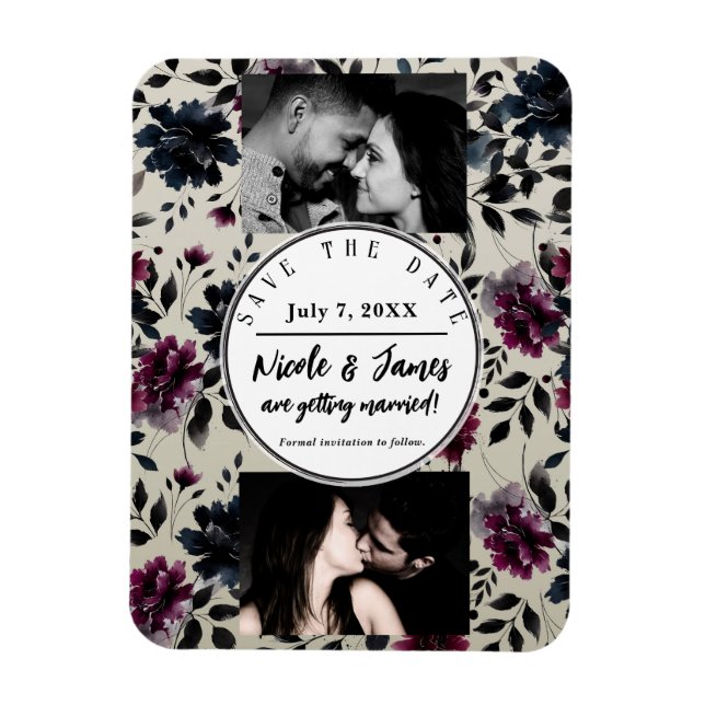 Íman Casamento de Amêndoa Floral Azul-Borgonha Inky (Vertical)