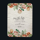 Íman Casamento De Brick Branco Floral Salvar A Data<br><div class="desc">Um casamento salve o ímã de data apresentando uma imagem de flores e verde sobre um fundo de tijolos brancos.</div>