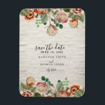 Íman Casamento De Brick Branco Floral Salvar A Data<br><div class="desc">Um casamento salve o ímã de data apresentando uma imagem de flores e verde sobre um fundo de tijolos brancos.</div>