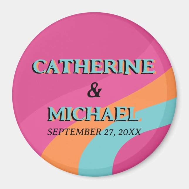 Íman Casamento de diversão Groovy Fuchsia na Retro 70s (Frente)