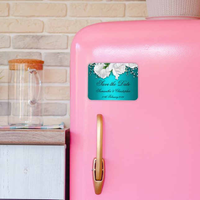 Íman Casamento de Elegante Aqua e Rosas Brancas Salva a (Criador carregado)