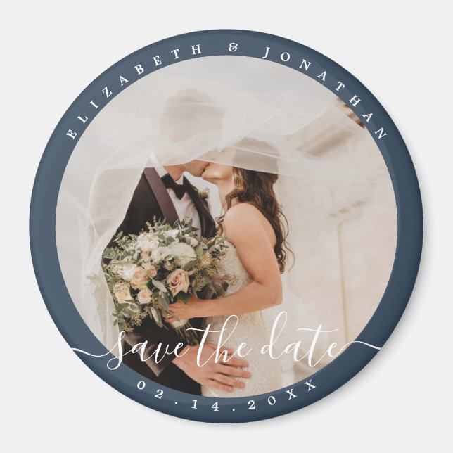 Íman Casamento De Foto Azul Elegante Salva A Data (Frente)