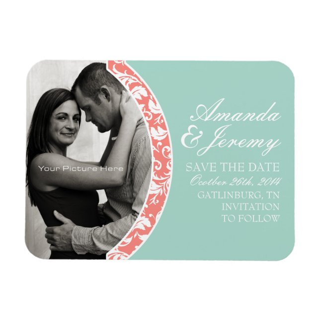 Íman Casamento de Foto Coral e Mint Damask Salvar a Dat (Horizontal)