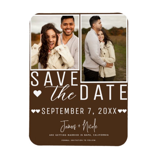 Íman Casamento de Foto Save the Date 2 Marrom Chocolate (Vertical)