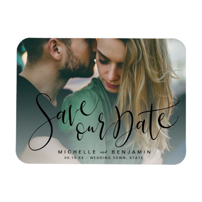 Íman Casamento de fotos com script moderno salve o ímã  (Horizontal)