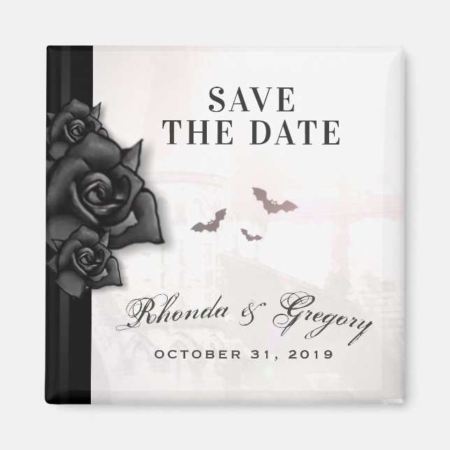 Íman Casamento de Halloween de Rosas e morcegos góticos (Frente)