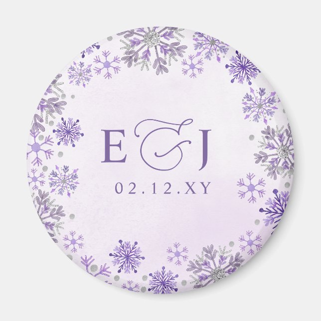 Íman Casamento de Inverno Flocos de Neve Roxo Prata Mon (Frente)