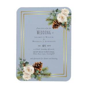 Íman Casamento de Inverno Rosas Brancas Dourado Azul Em