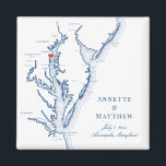 Íman Casamento de Mapa da Baía de Chesapeake de Annapol<br><div class="desc">Encomendamento rápido e fácil! Estes ímãs do mapa de Annapolis Maryland fazem favores de casamento em Maryland a excelente de incluir nas bolsas de casamento de Annapolis. Mova o coração clicando em "Editar usando a ferramenta design" em "Personalizar". Apresentando um mapa da Baía de Chesapeake este elegante design Annapolis é...</div>