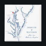 Íman Casamento de Mapa da Baía de Chesapeake em Baltimo<br><div class="desc">Encomendamento rápido e fácil! Estes magnatas do mapa de Baltimore em Maryland fazem favores de casamento de excelente Maryland para incluir nas suas bolsas de boas-vindas de casamento de destino Baltimore. Mova o coração clicando em "Editar usando a ferramenta design" em "Personalizar". Apresentando um mapa da Baía de Chesapeake com...</div>