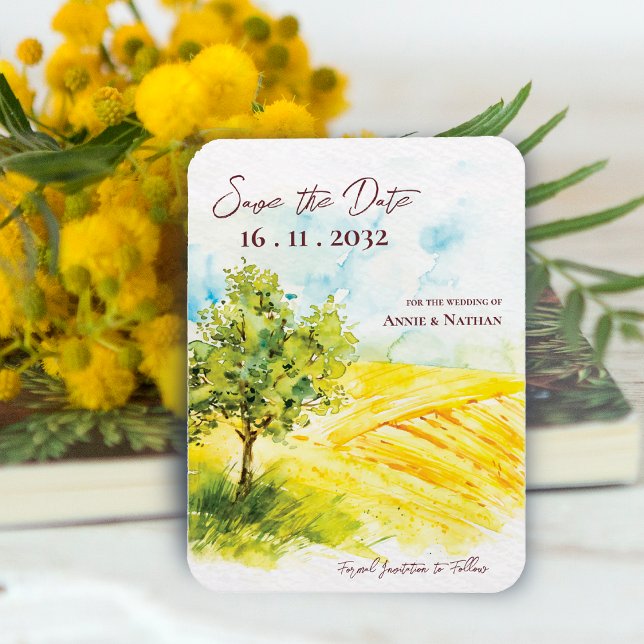 Íman Casamento de Paisagem Amarela Chic Bright (Chic Bright Yellow Farmland Landscape Wedding Invitation Magnet)