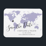 Íman Casamento do Viagem do Mapa do Mundo lavanda Salve<br><div class="desc">MOVA FACILMENTE O CORAÇÃO NO MAPA PARA O SEU DESTINO DE CASAMENTO no mapa do mundo para criar a imã salve a data de casamento de destino que ficará incrível na geladeira. — Clique em PERSONALIZAR MAIS para mover o coração, alterar o plano de fundo e a cor do texto,...</div>