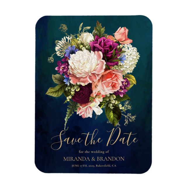 Íman Casamento Dourado Romântico Buquê Floral Emerald V (Vertical)