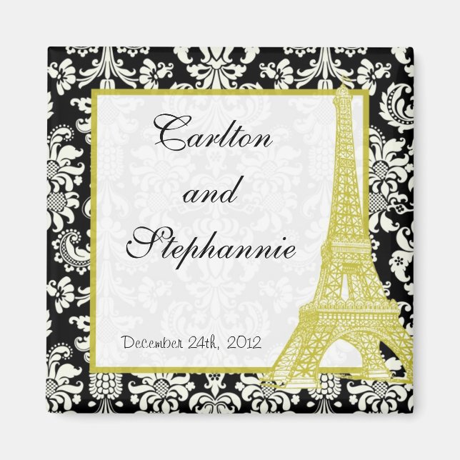 Íman Casamento em Paris Black Damask Magnet Favor (Frente)
