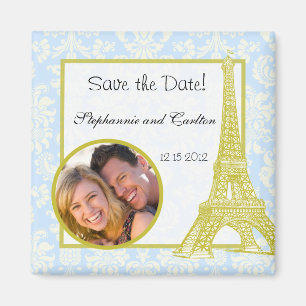Íman Casamento em Paris Blue Damask Announement Magnet