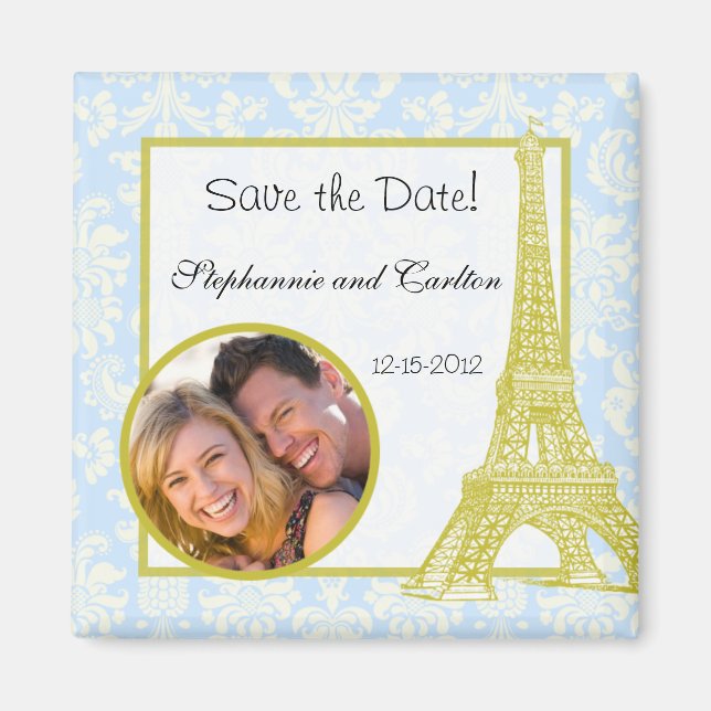 Íman Casamento em Paris Blue Damask Announement Magnet (Frente)