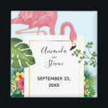 Íman Casamento Flamingo Cor-de-Rosa Moderno Salva o ímã<br><div class="desc">Um casamento salve o ímã de encontro com um flamingo rosa fofo e caprichoso. Cercados por folhas tropicais verdes e flores de hibisco vermelhas e amarelas. Um quadro de gradiente dourado em forma de retângulo no centro.</div>