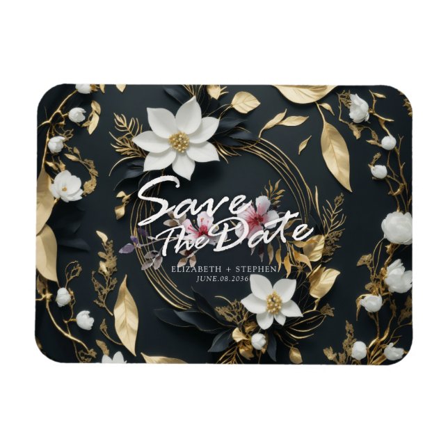 Íman Casamento Floral Branco e Dourado, Salvar a Data (Horizontal)