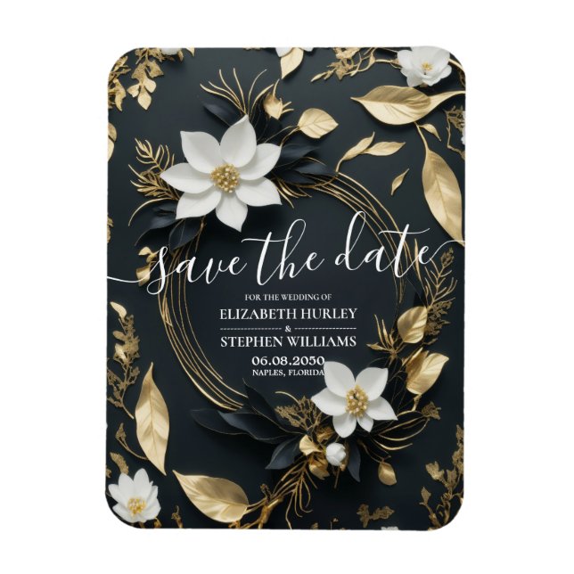 Íman Casamento Floral Branco e Dourado, Salvar a Data (Vertical)