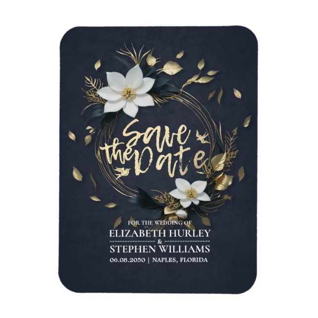 Íman Casamento Floral Branco e Dourado, Salvar a Data (Vertical)