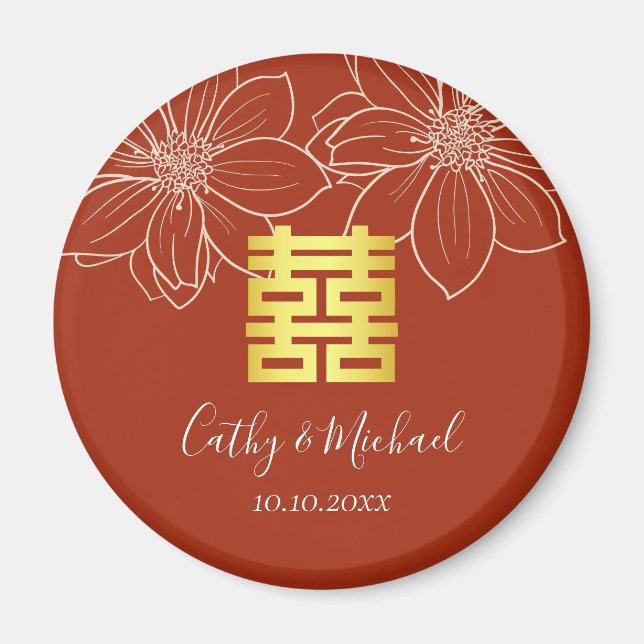 Íman Casamento floral moderno vermelho boho chinês (Frente)