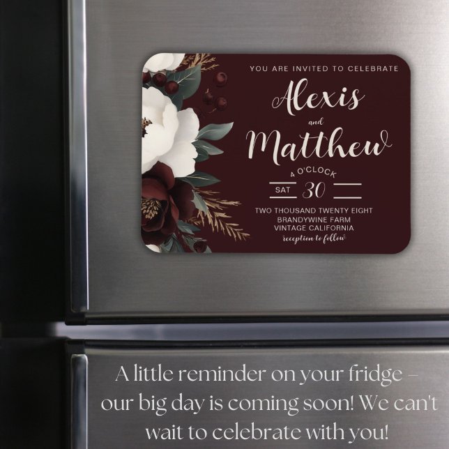 Íman Casamento Floral Rustic Elegance Burgundy (Rustic Burgundy Floral Wedding Magnet Invitation, Boho Chic, Elegant Winter Design)